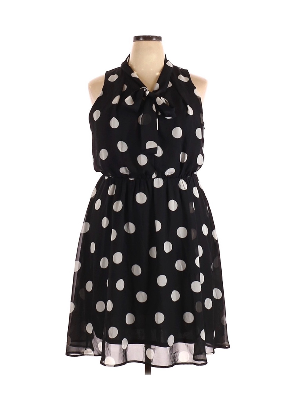 Sleeveless Black Polka Dot Tie-Neck Mini Dress